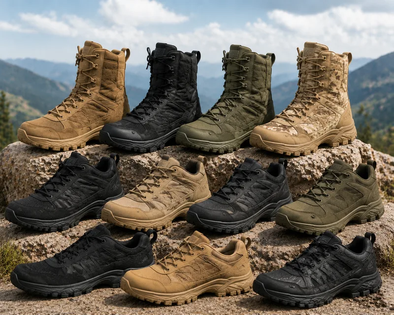 Tactical footwear collection — combat hiking and desert boots for outdoor and security use