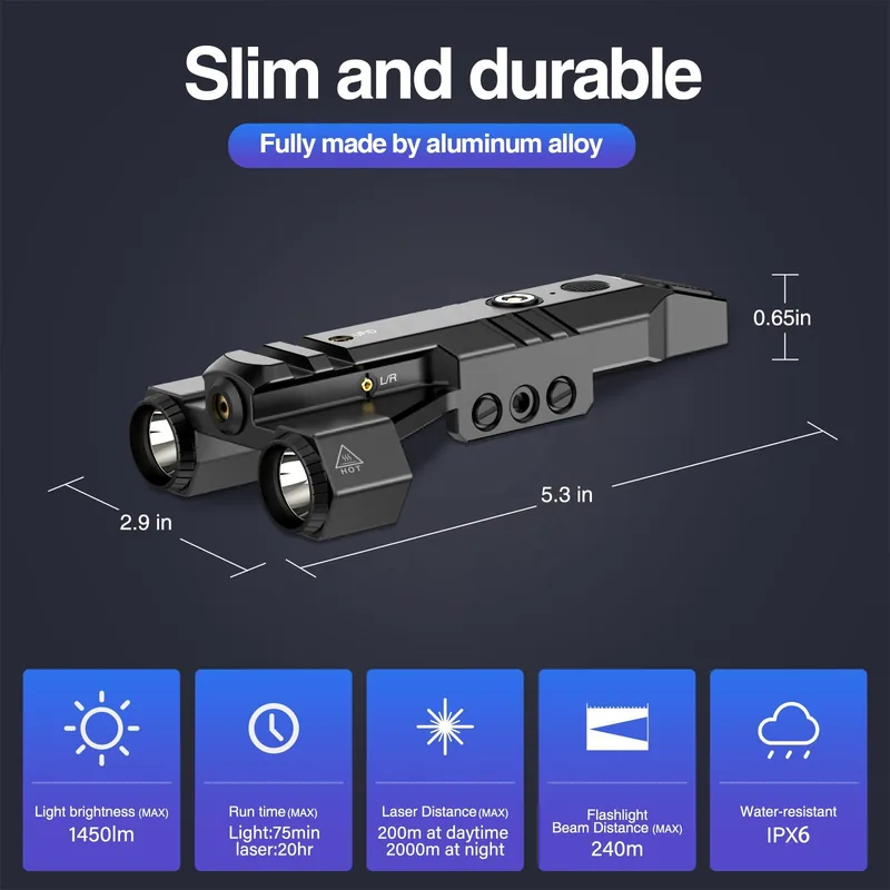 Dual-Lens 1450 Lumen Tactical Flashlight with Green Laser Beam view 4