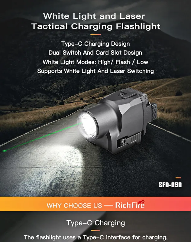 Compact Rechargeable USB-C Tactical Flashlight with 5mW Green Laser view 6