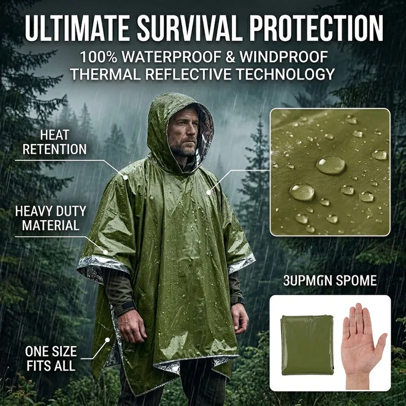 Thermal Mylar Emergency Rain Poncho — Orange — Tactical Camping