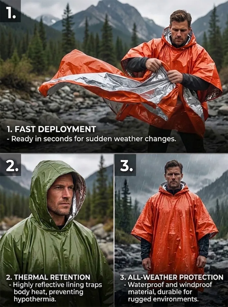 Thermal Mylar Emergency Rain Poncho — Orange view 3