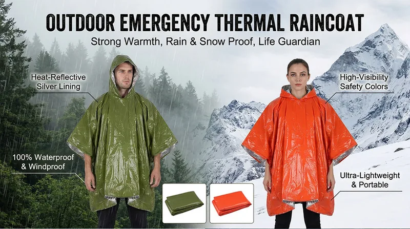 Thermal Mylar Emergency Rain Poncho — Orange view 4