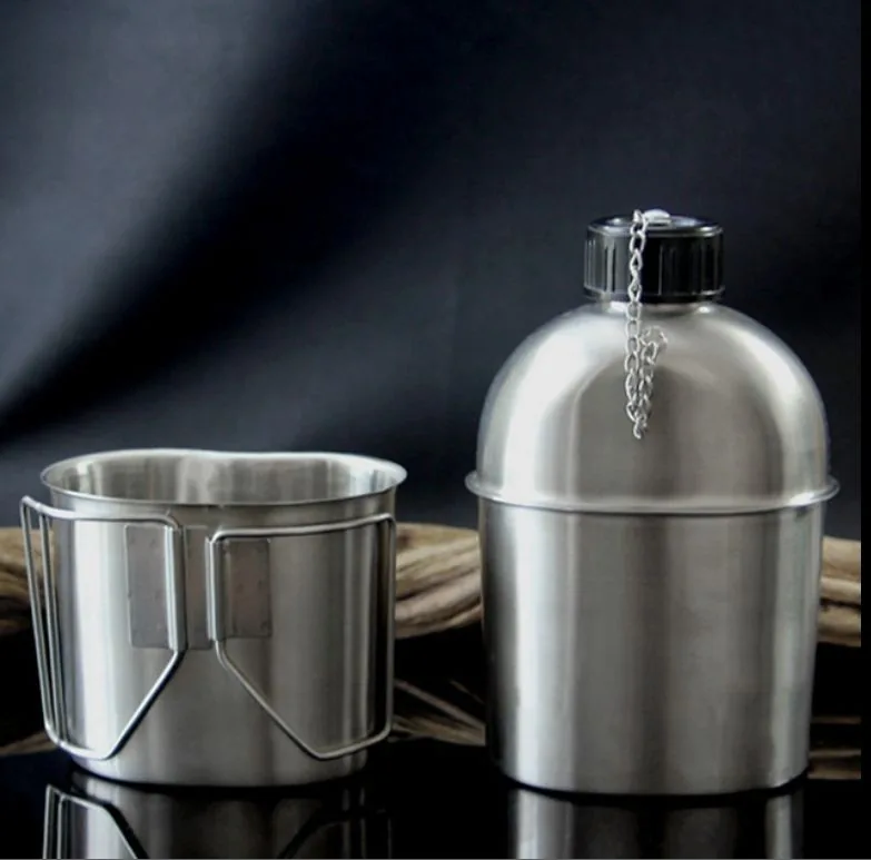 Stainless Steel Water Canteen 1L with Cup — Silver — Tactical Camping