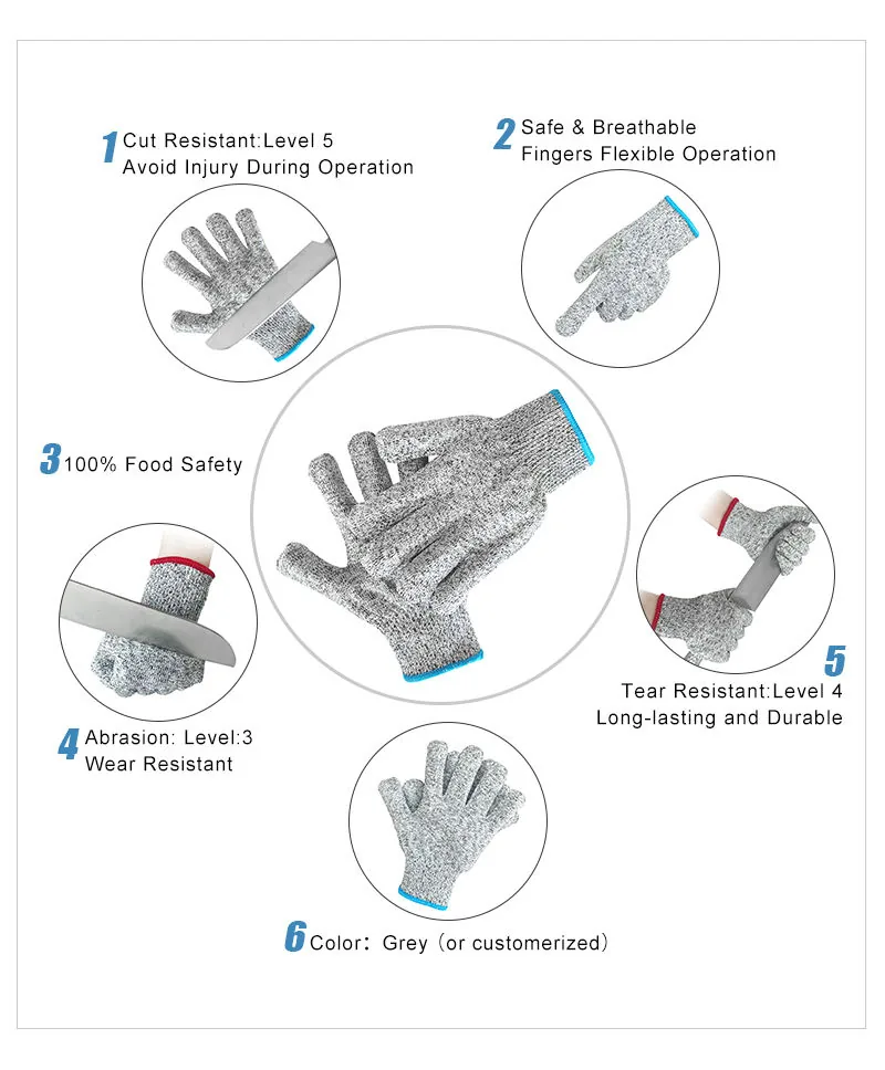 Cut Resistant Level 5 HPPE Gloves — Gray view 2