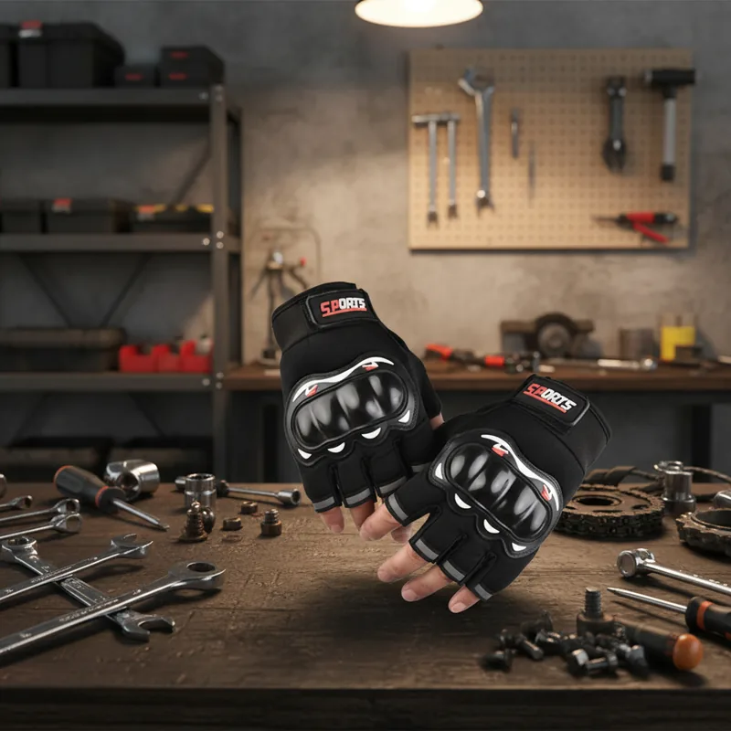 Motorcycle Half Finger Gloves — Black view 6