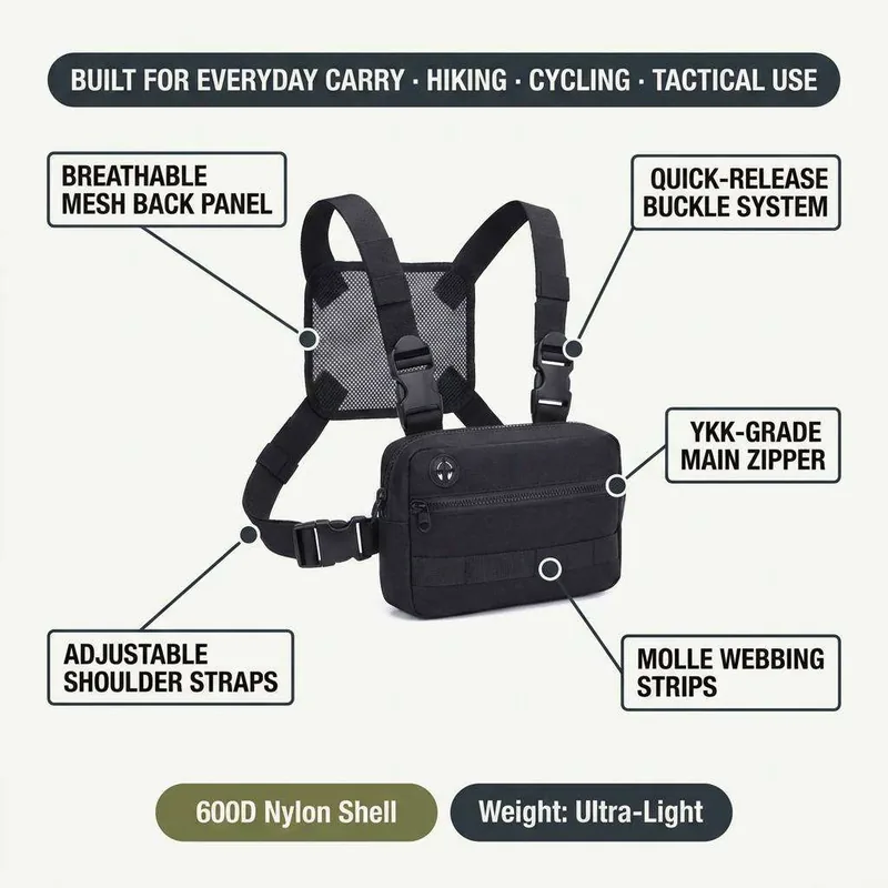 Lightweight Waterproof Nylon EDC Chest Pack — Black view 3