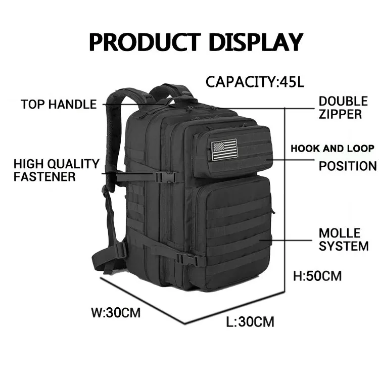 Factory Custom 45L MOLLE Tactical Backpack — Black view 5