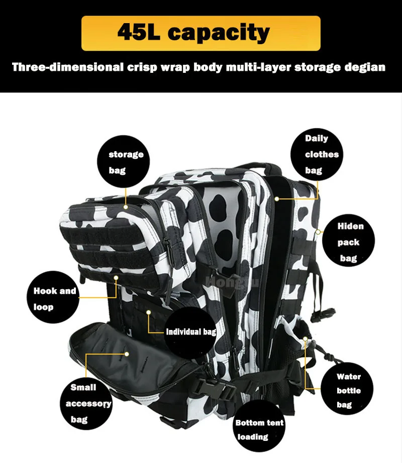 Custom 900D 45L MOLLE Tactical Gym Backpack — Black view 3