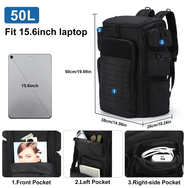 Mountaineering 50L Tactical Laptop Backpack — Black view 3